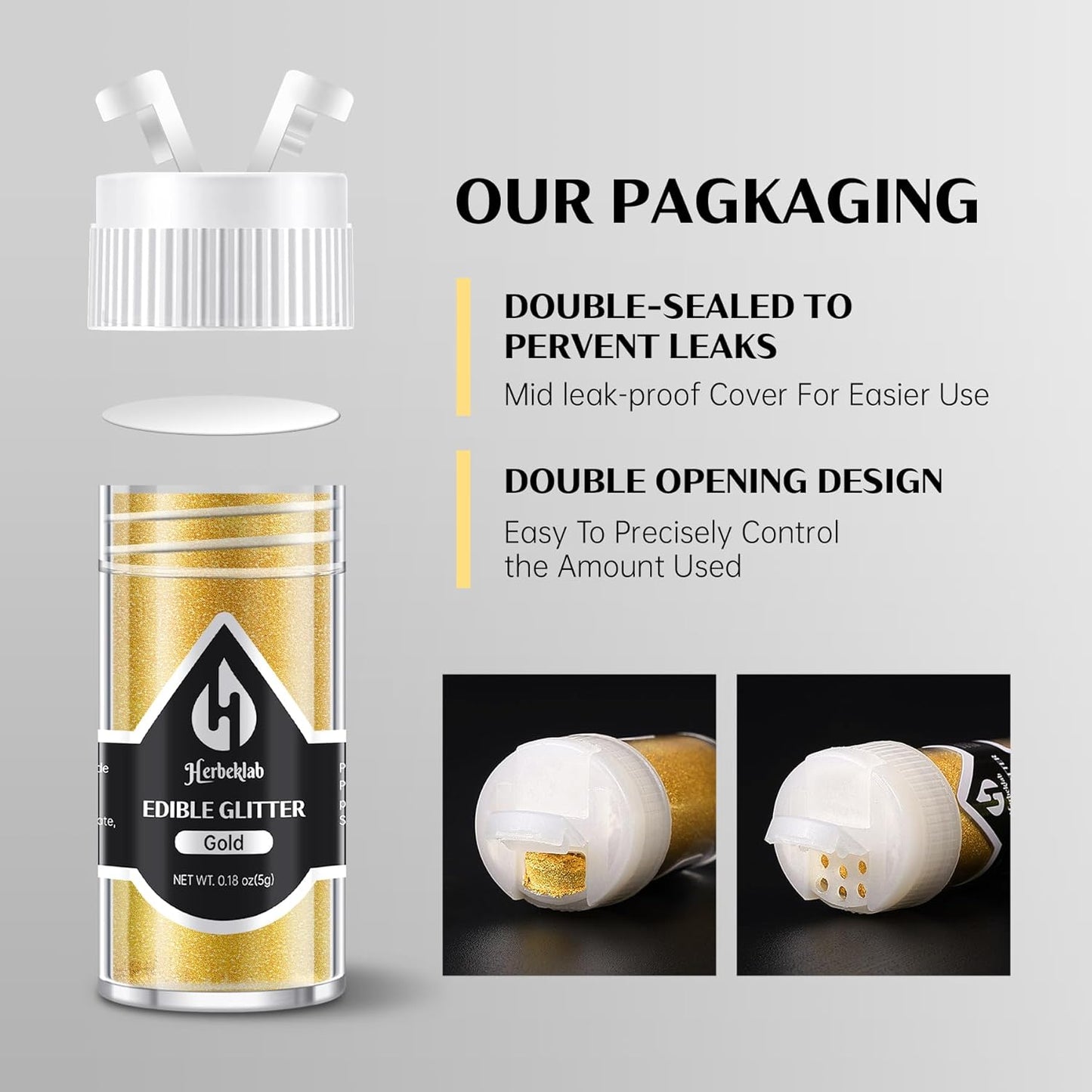 Edible Glitter for Cocktails - 12 Colors Herbeklab Luster Dust Edible Drink Glitter Food Grade Metallic Shimmer Powder Cake Sprinkles for Beverage Chocolate Candy, 5g/Bottle