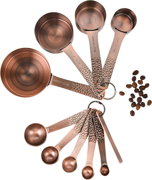 Measuring Cups and Spoons Set 10, Copper Measuring Cups and Spoons Set for Baking & Kitchen, Metric & US Stainless Steel 4 Measure Cups and 5 Spoons with Leveler