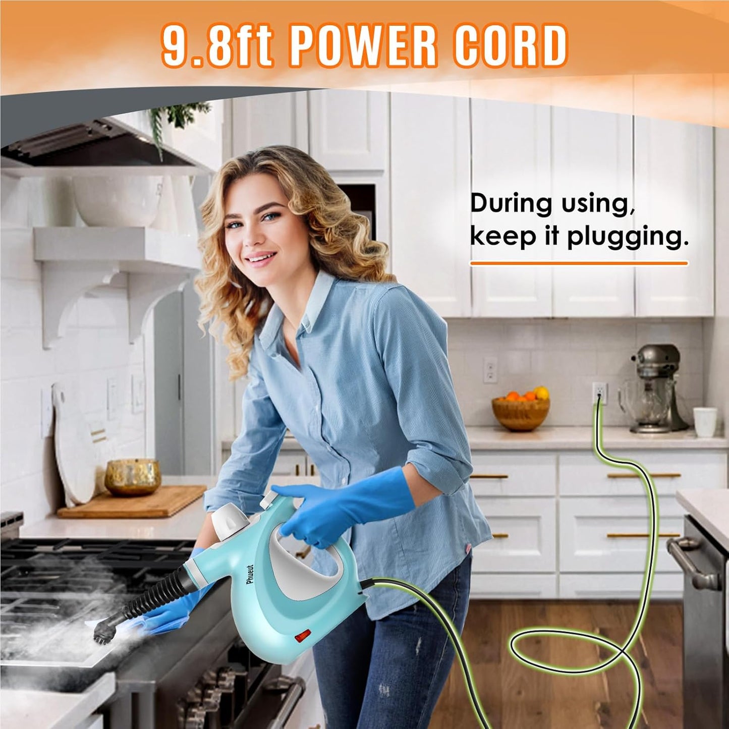 Pressurized Handheld Multi-Surface Natural Steam Cleaner with 12 pcs Accessories, Multi-Purpose Steamer for Home Use, Steamer for Cleaning Floor, Upholstery, Grout and Car (Blue)