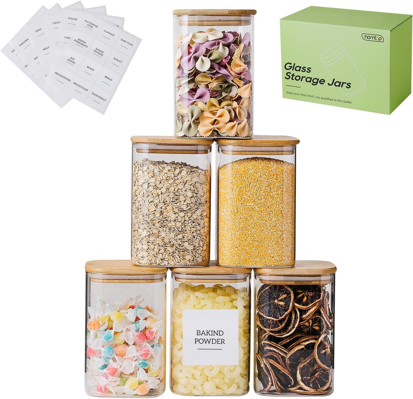 Glass Food Storage Containers with Lids 6 Pack 4 Inch Wide Mouth, 34 Oz High Borosilicate Glass Jars for Coffee Bean, Candy, Cookie, Flour, Square