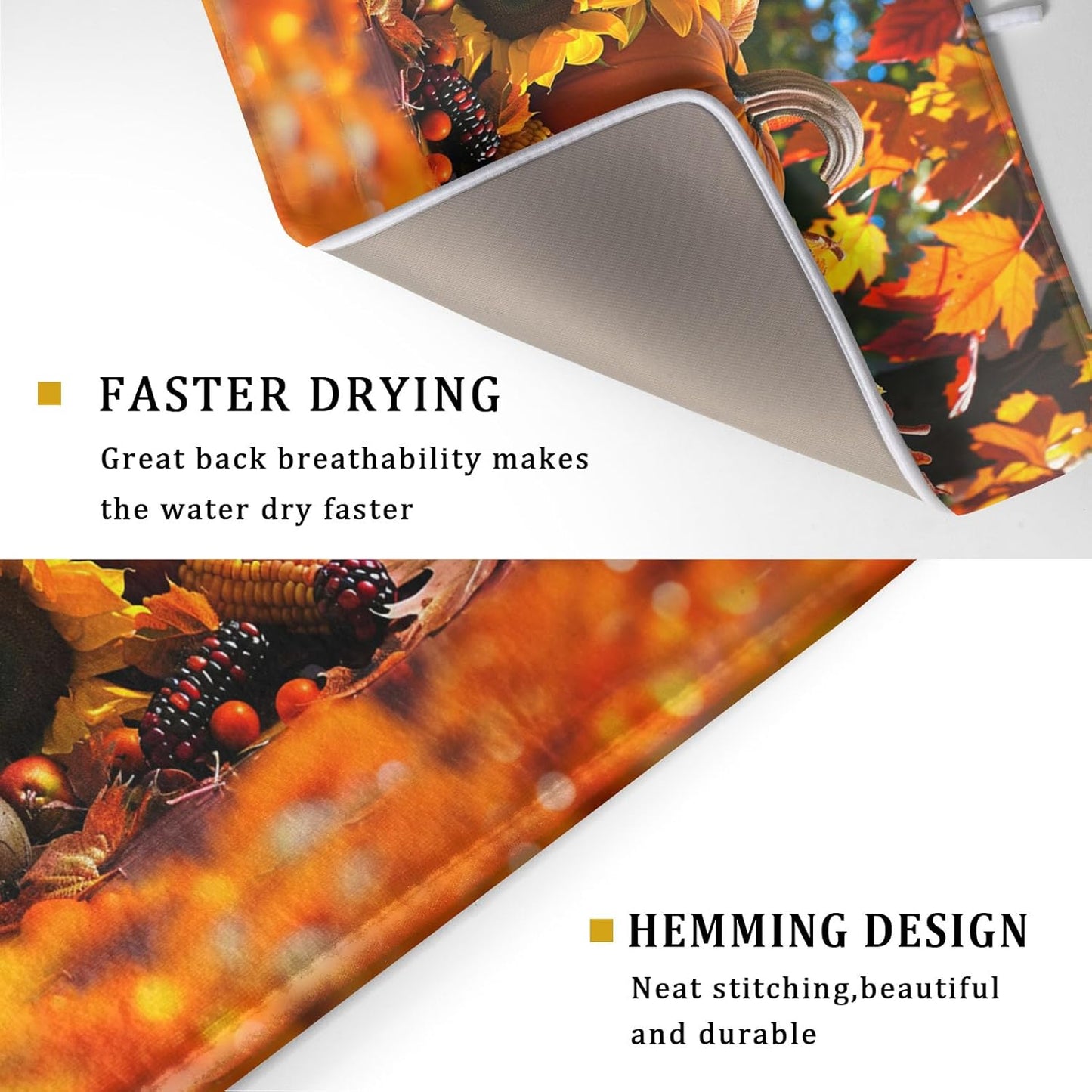 Fall Harvest Pumpkin Dish Drying Mat for Kitchen Counter,Thanksgiving Maple Leaves Sunflower Drying Mat 18 x 24 Inch with Absorbent Reversible Microfiber Dish Drying Pad for Coffee Bar