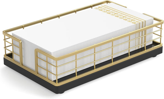 Wican Guest Towel Holder Tray for Bathroom, Oak and Iron Napkins Holder for Powder Room Dinning Table Wooden Basket for Disposable Paper Hand Towels Gold and Black