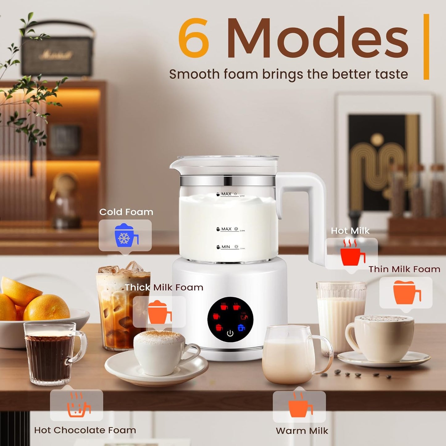 Milk Frother and Steamer, 6 in 1 Milk Steamer and Milk Warmer, 17oz Auto Shut Off Electric Frother with Touch Screen, Hot/Cold Foam Maker for Coffee, Latte, Cappuccino, Hot Chocolate