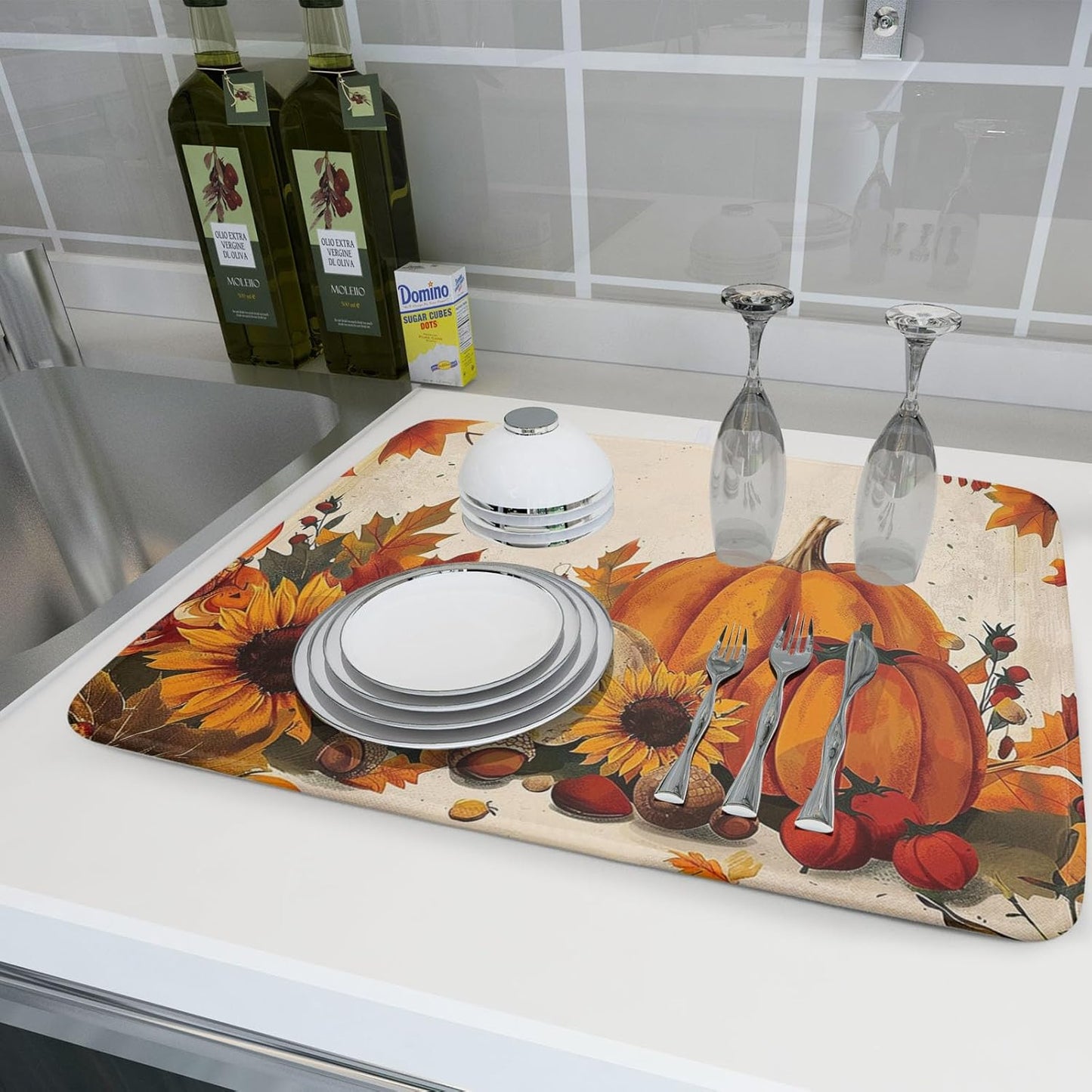 Happy Thanksgiving Day Harvest Dish Drying Mat for Kitchen Counter,Sunflower Maple Leaves Pumpkin Drying Mat 18 x 24 Inch with Absorbent Reversible Microfiber Dish Drying Pad for Coffee Bar