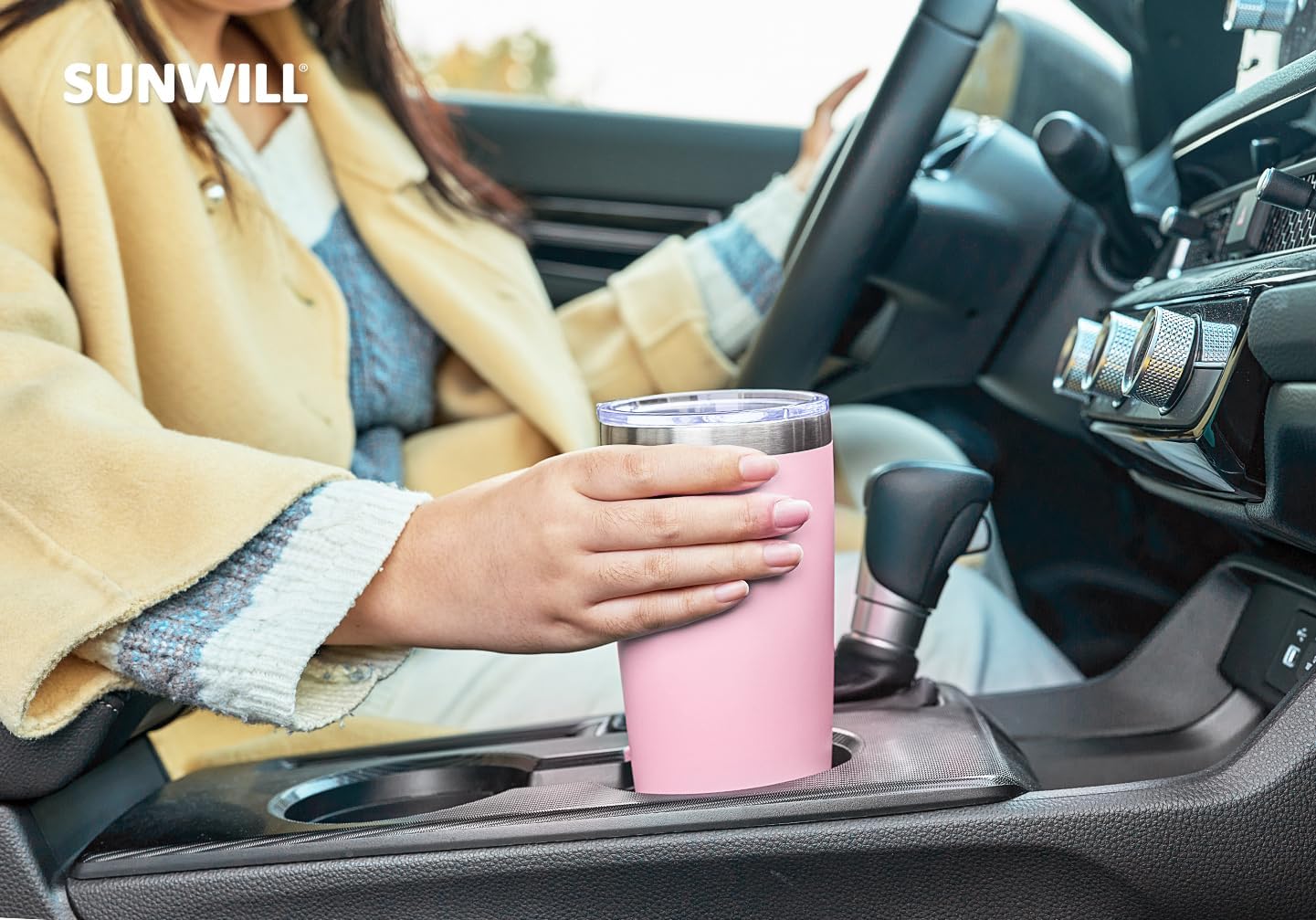 SUNWILL Travel Coffee Tumbler 20 oz, Insulated Mug with Lid, Stainless Steel Cup for Hot and Cold Drinks, Powder Coated Sakura