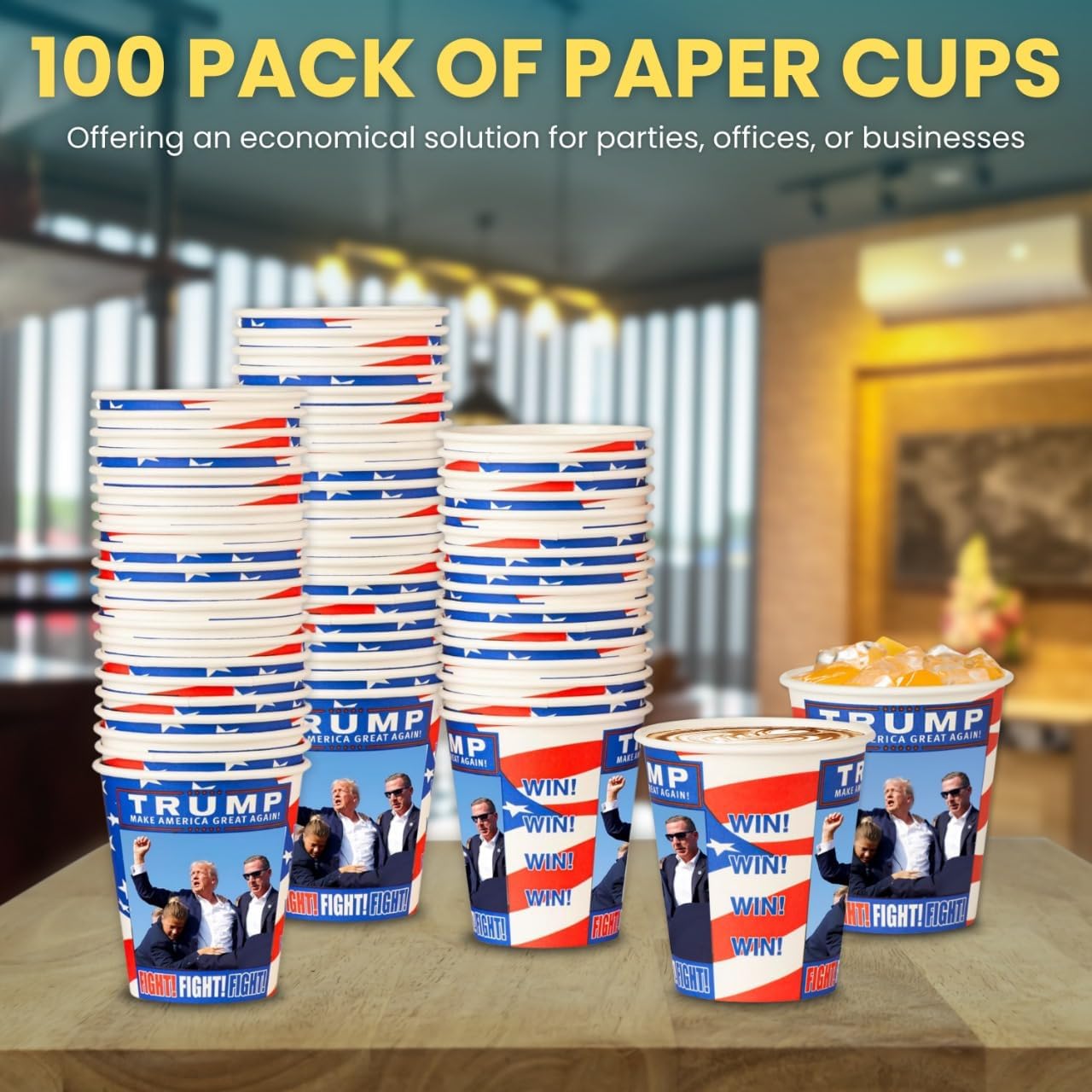 Smygoods Trump Design Disposable Paper Coffee Cups (10 OZ, 100 Count) For Hot Beverages, Tea, Espresso, Cocoa - To Go Drink Containers, Café & Office