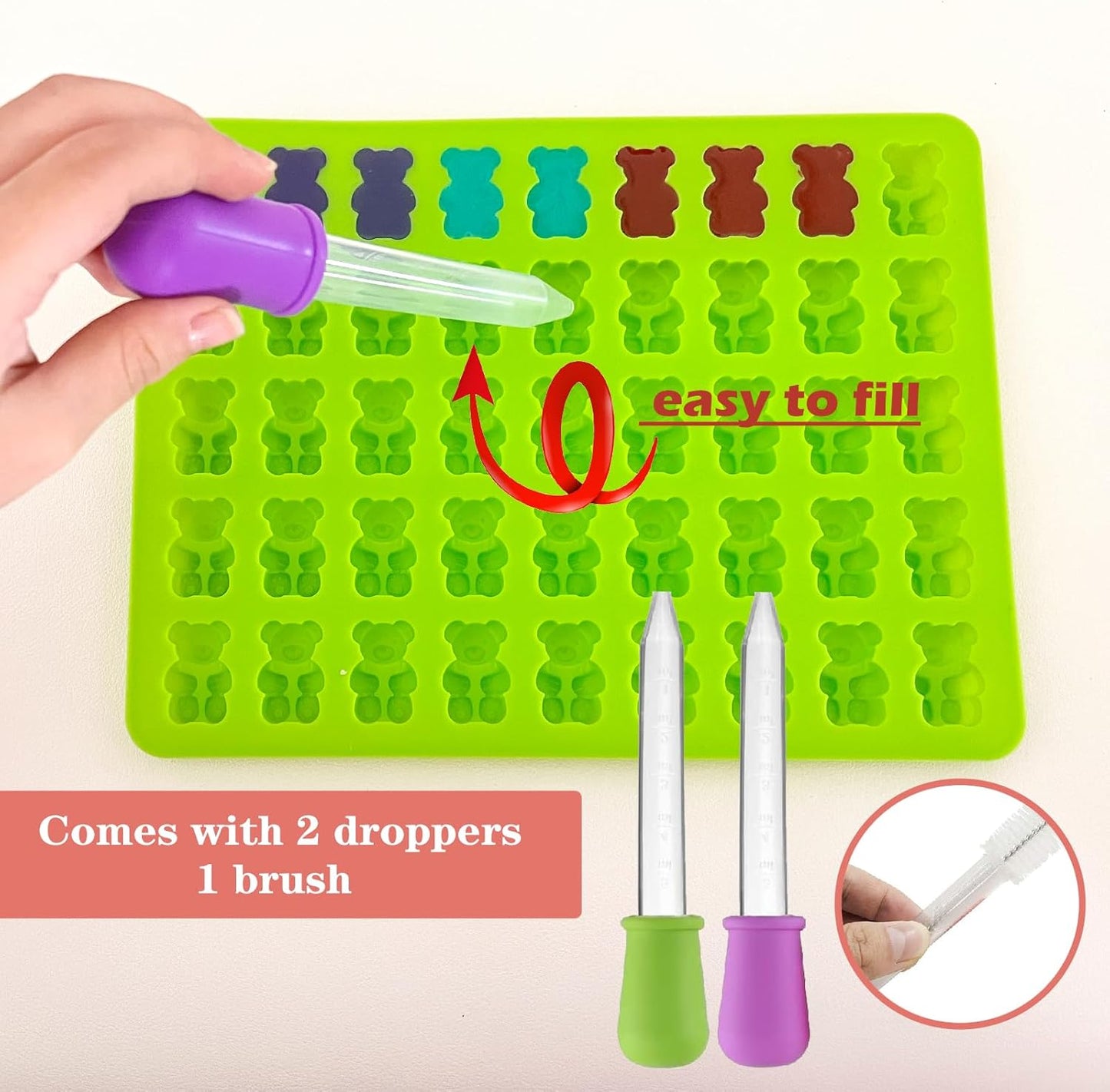 Large Gummy Bear Molds Candy Molds, No Stick Chocolate Candy Gummy Molds,Gummie Molds Premium Silicone,Pack of 4 with 2 Droppers