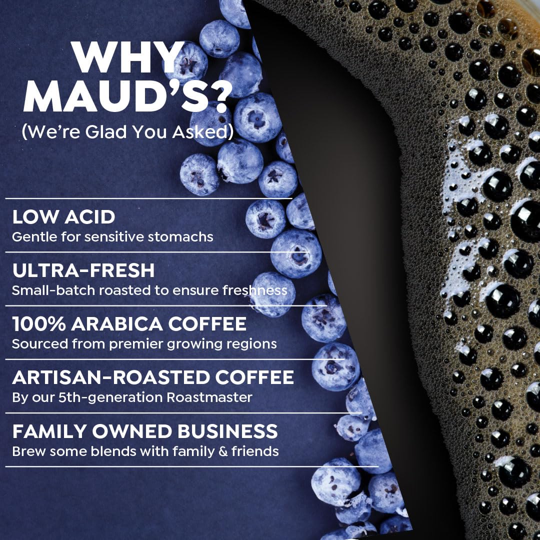 Maud's Blueberry Flavored Coffee Pods, 18 ct, Medium Roast Flavored Coffee in Recyclable Single Serve Pods – 100% Arabica Beans, Compatible with Keurig K Cups Maker