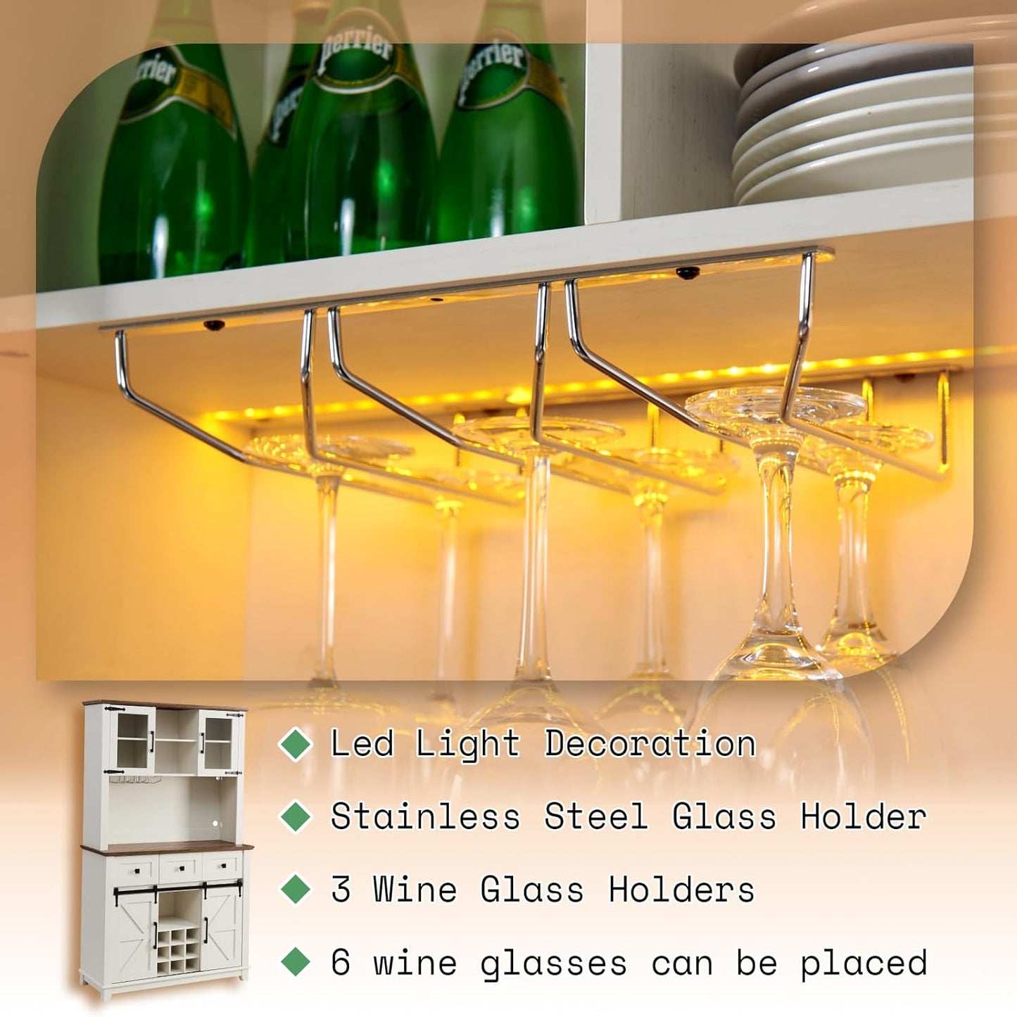 AMERLIFE 72" Coffee Wine Bar Cabinet with Sliding Barn Door, Farmhouse Kitchen Sideboard, Buffet Storage Table, 3 Drawers, LED Lights, Tall Hutch Home Bar for Dining Room, White