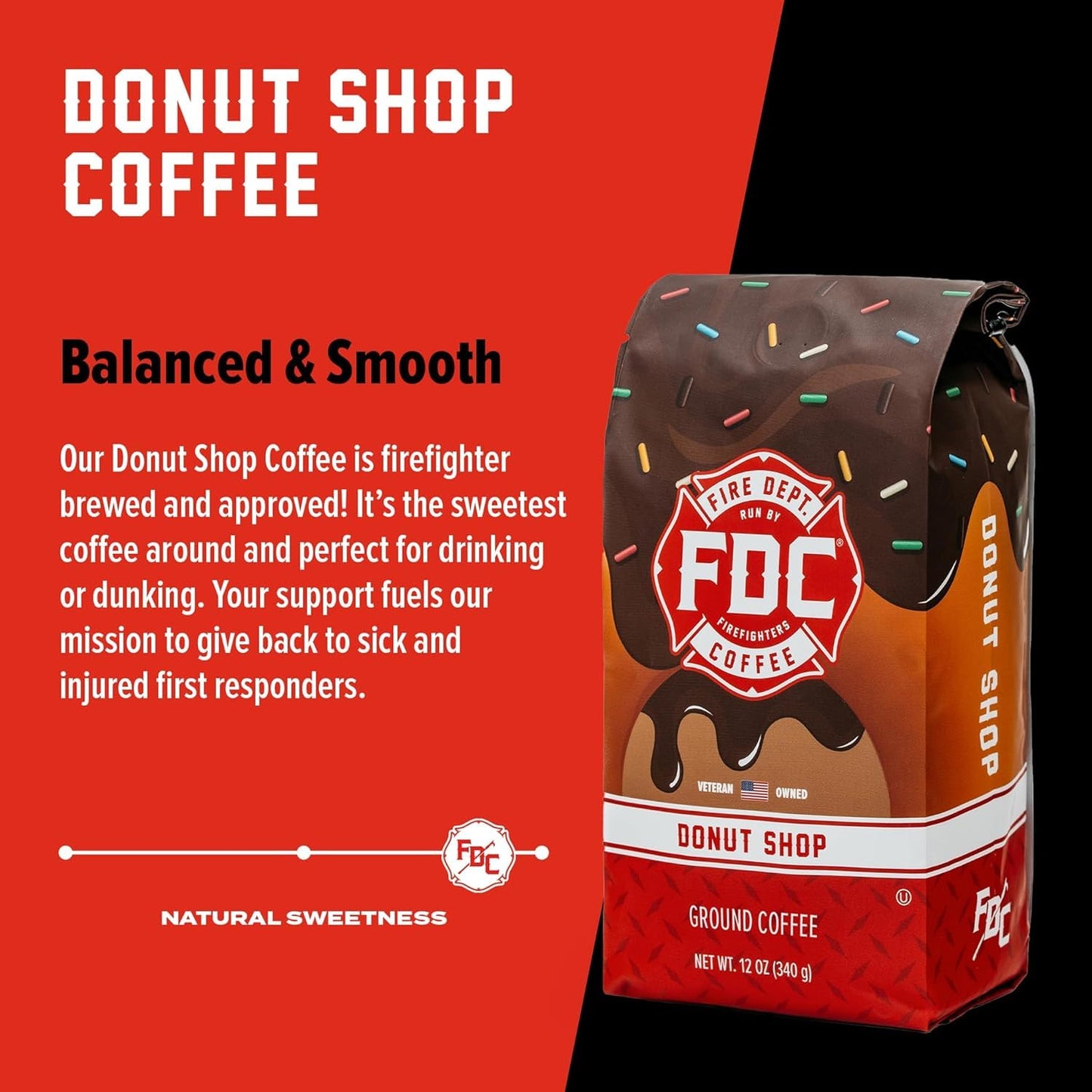 Fire Department Coffee - Gives Back to Firefighters - Donut Shop Ground Coffee - Sweet & Smooth - Medium Roast - Roasted in the USA - Veteran Owned (12 oz, Pack of 2)
