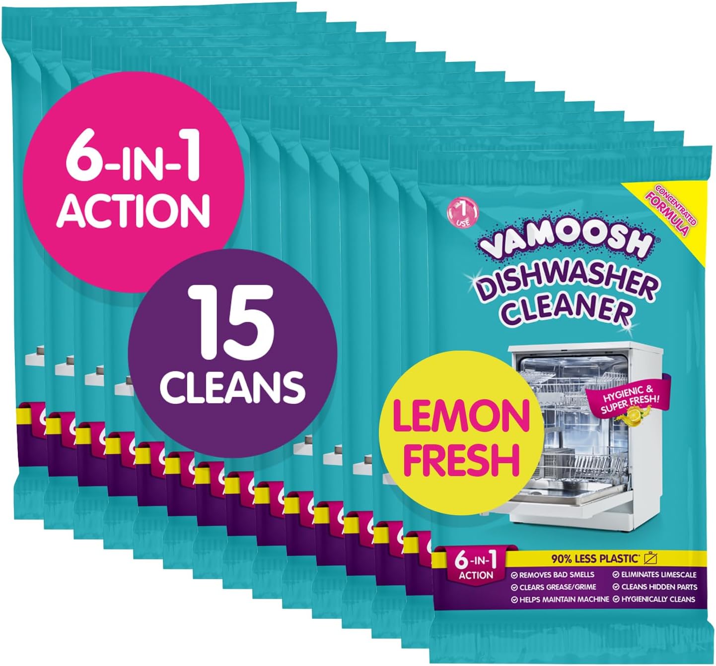 Vamoosh 6-in-1 Dishwasher Cleaner | Natural Citric Acid Cleaning Formula | Limescale Removal | Grease Elimination | Eco-Friendly | Made in the UK | 50g (Pack of 15)