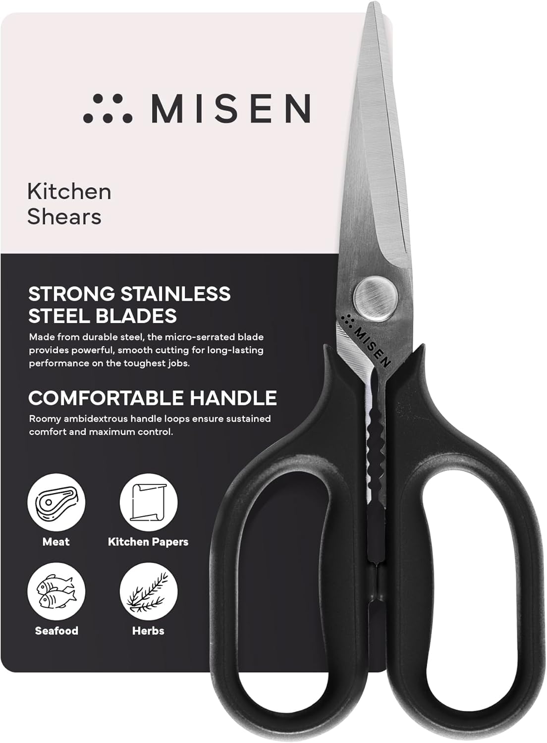 Misen Heavy Duty Kitchen Shears - Comfortable Ambidextrous Scissors for Meat, Poultry, Herbs & More - Easy to Clean - German Stainless Steel - Small | Black