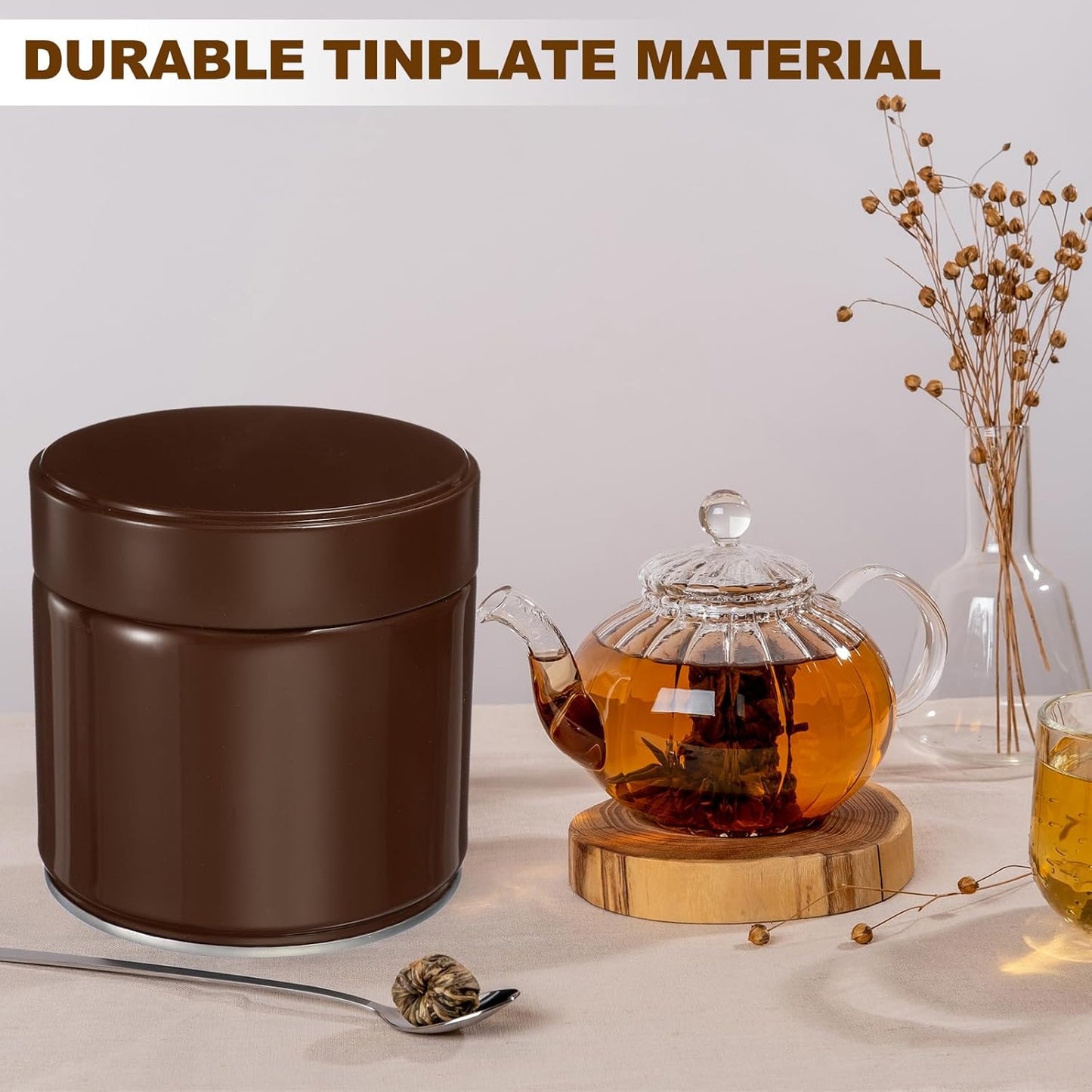 uxcell 2Pcs Round Tea Canisters, 4" x 4" Airtight Metal Tea Containers for Loose Tea, Coffee Beans, Spices - Durable, Compact, and Stylish Storage Tea Tin (Brown)