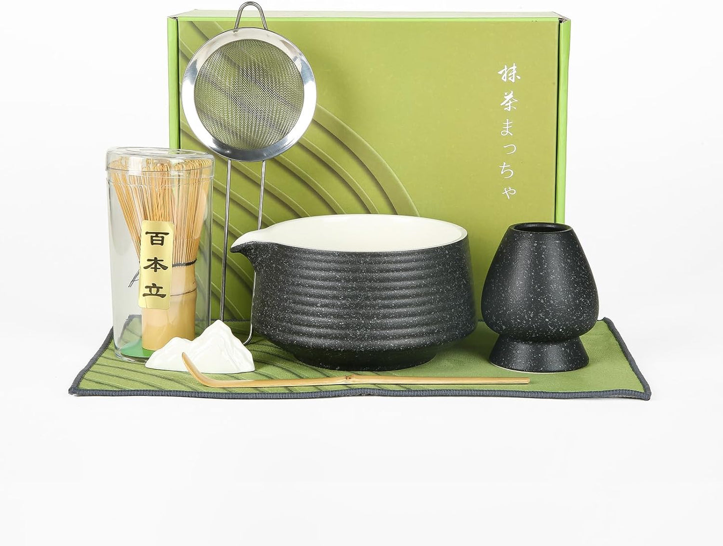 Matcha Whisk Set, Ceramic Matcha Set with Spout, Matcha Bowl Kit with Sifter, Whisk and Holder, Bamboo Scoop, Scoop Rest, Tea Towel, 7 Pcs Matcha Kit Set for Making Breakfast/Latte for Matcha Lovers