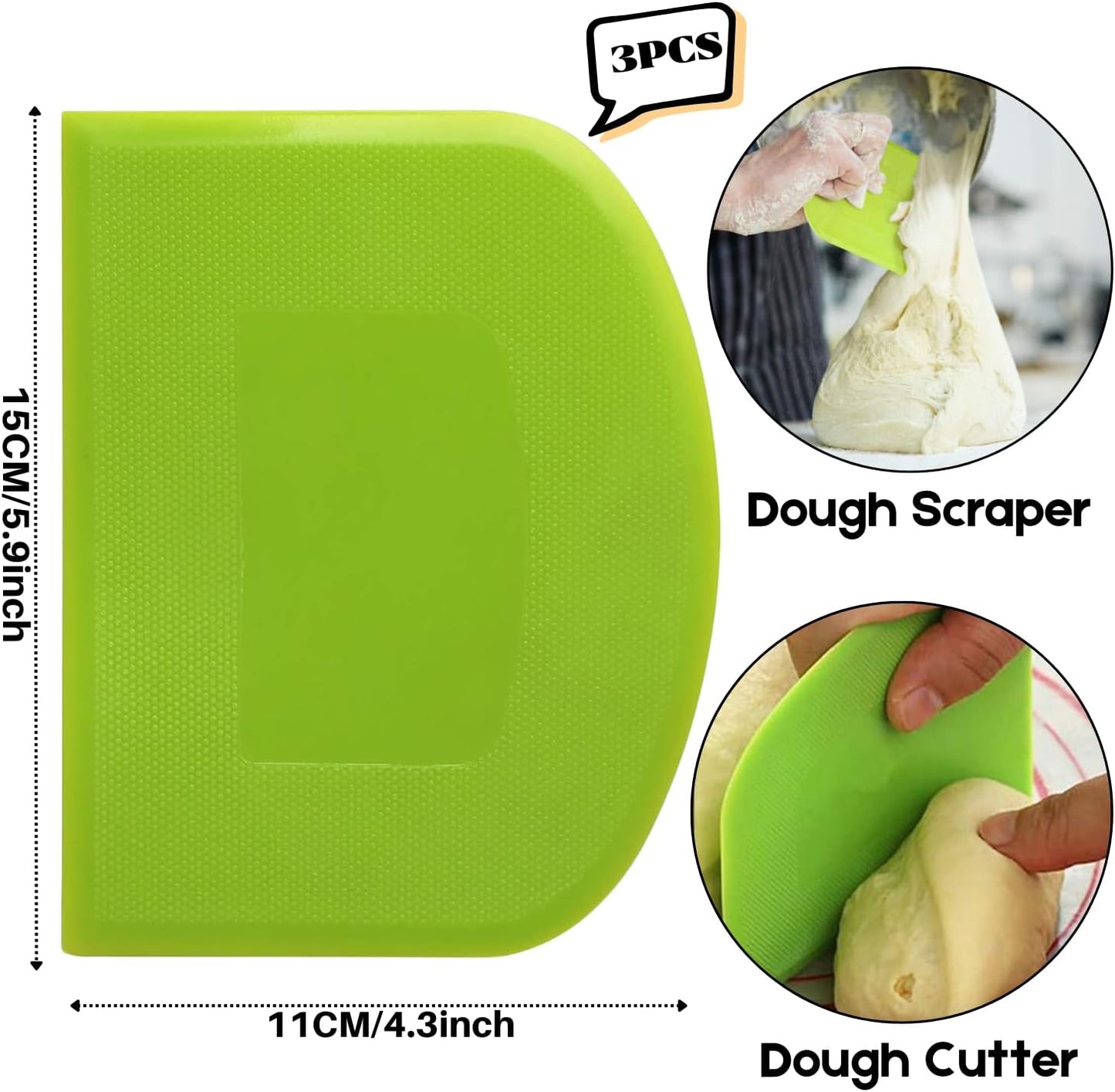 SURDOCA Dough Scraper Bench Scraper - 3P 5.9x4.3" Plastic Flexible Bowl Scraper, Sharp Edge & Angles Cake Scraper. Non-Slip Bakeware Decorating Tools Sculpting & Modeling Tools - Green+Pink+Yellow