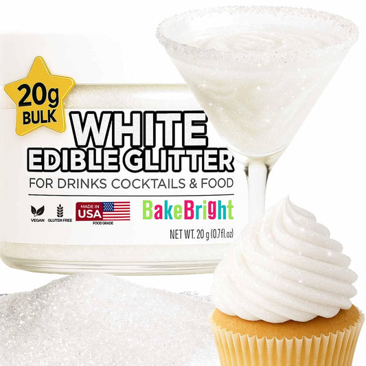 Bulk 20g White Edible Glitter for Drinks | Premium Edible Glitter for Cakes, Cocktails, White Cake Decorating Decorations Food Grade, Vegan, Kosher, Halal, Gluten Free - Made in USA