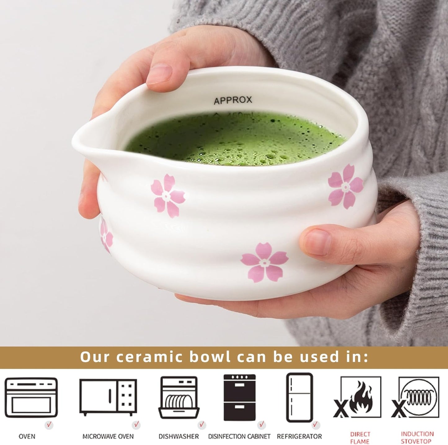 2pcs Matcha Bowl with Whisk Holder, Ceramic Cherry Blossom Matcha Bowl with Spout, 16.5OZ Porcelain Bowl with Measurement Marks,Tea Mixing Bowl with Whisk Stand, Matcha Gift (sakura)