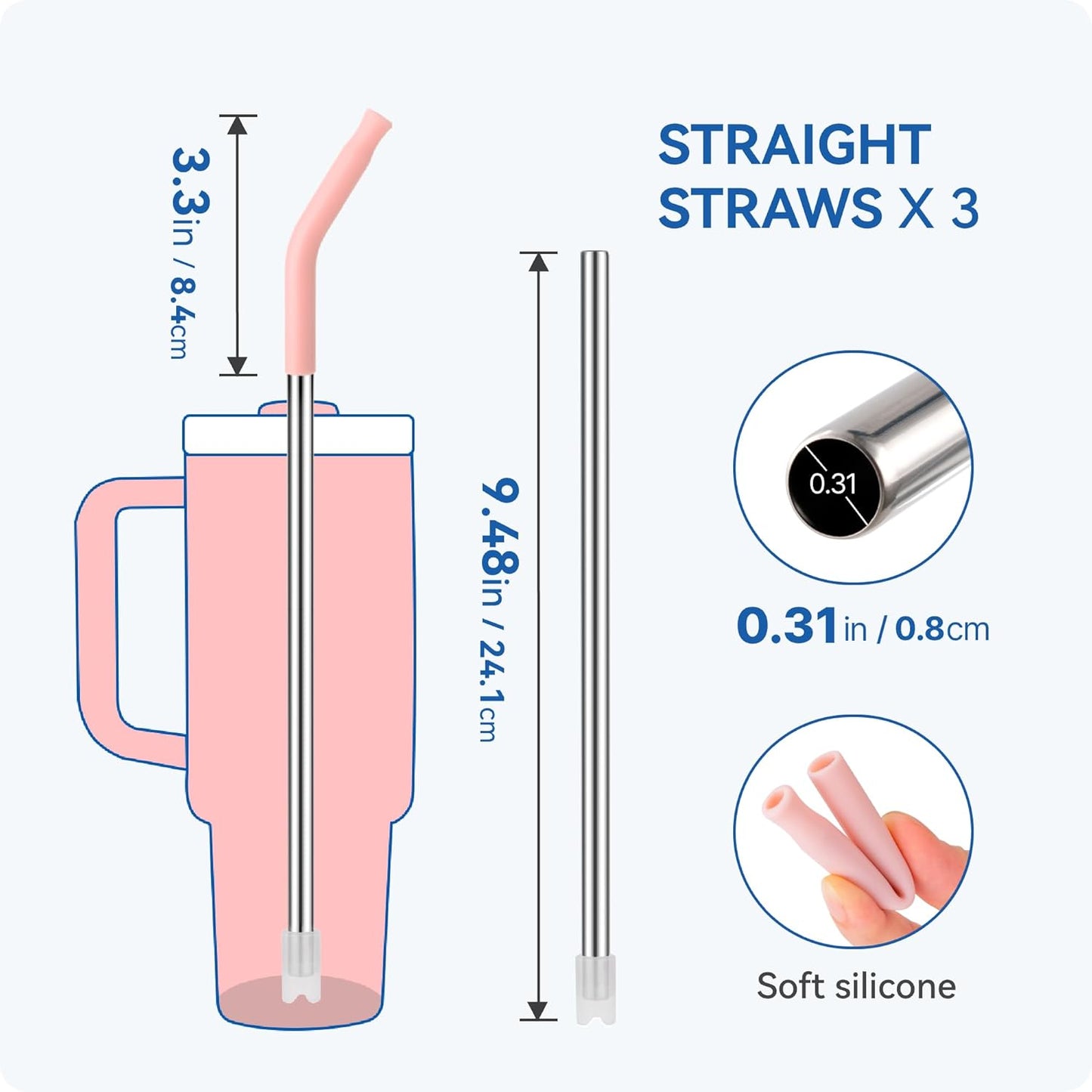 Reusable Metal Straws with Silicone Tip for Stanley 30oz,Stainless Steel Drinking Straws for 30oz Tumbler,3 Straight Tubes & 6 Tips& 1 Cleanr Brush (Black)