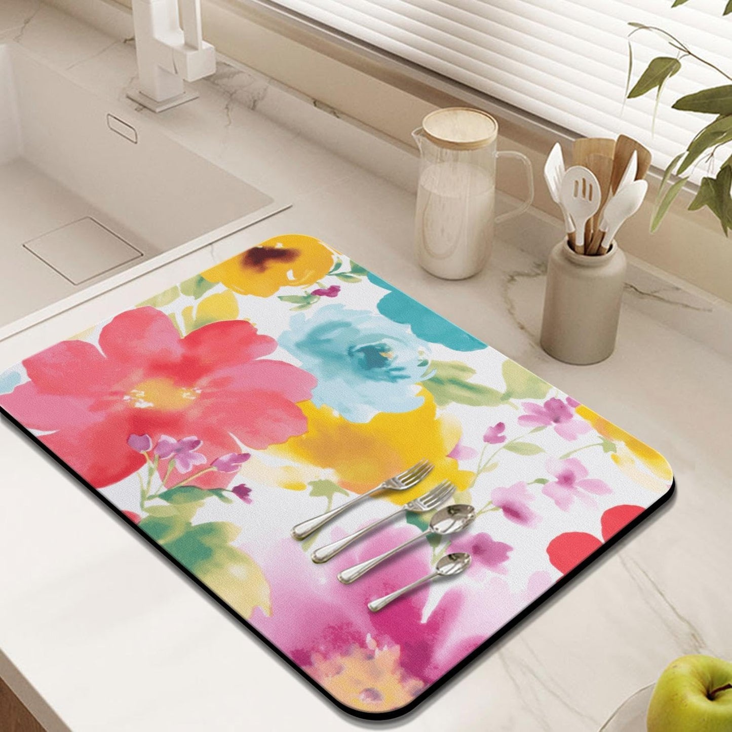 Dish Drying Mat, 24x18in, Watercolor Flower, Nylon, Diatomite, Rubber Backed, Absorbent, Quick Dry, Non-Slip, Wide Use
