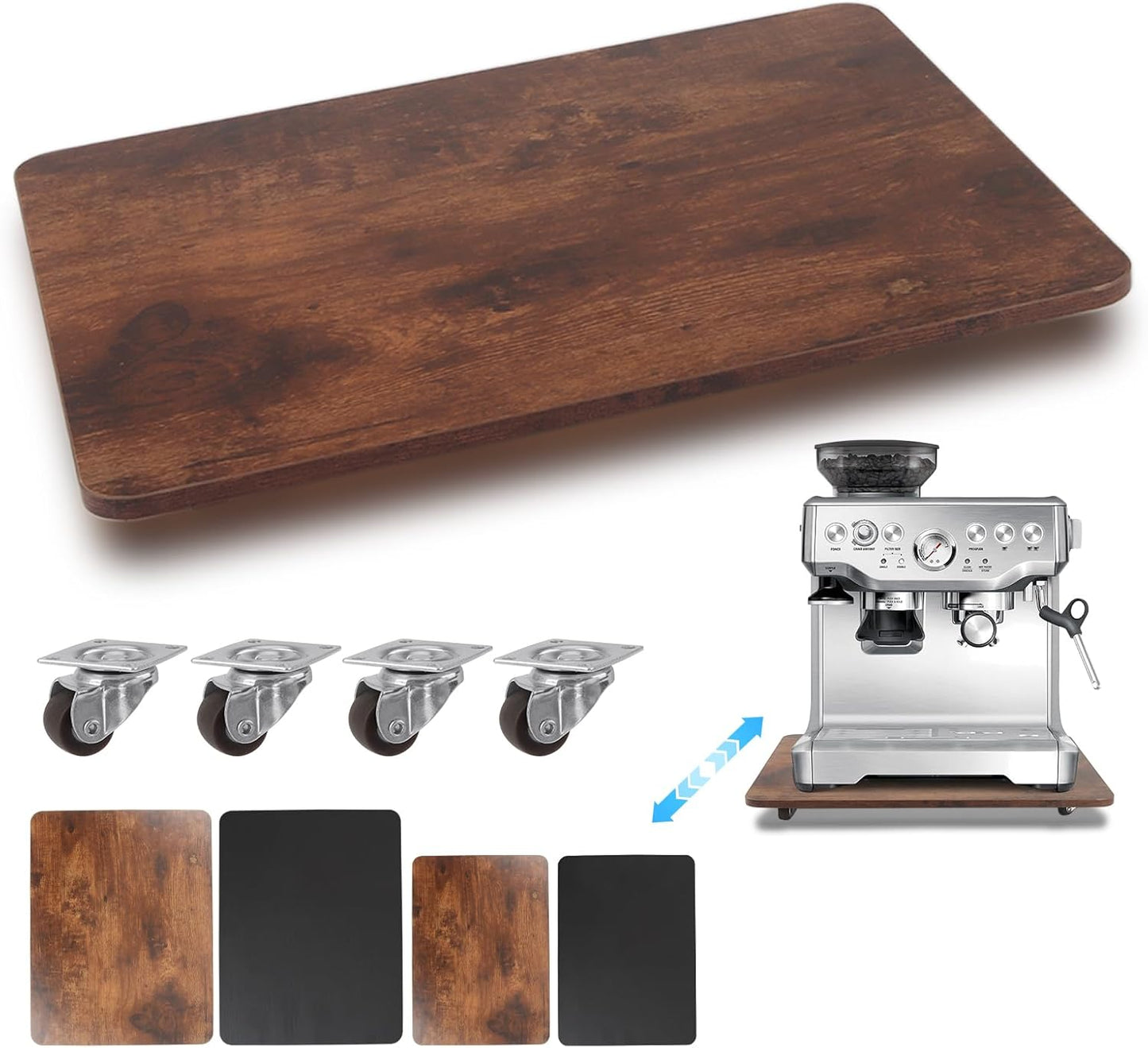 360° Appliance Slider Sliding Tray, Coffee Maker Rolling Tray for Counter Under Cabinet Coffee Pot Mat for Espresso Machine, Toaster, Air Fryer, Quiet Wheels, Brown (Large 15.7"×13")