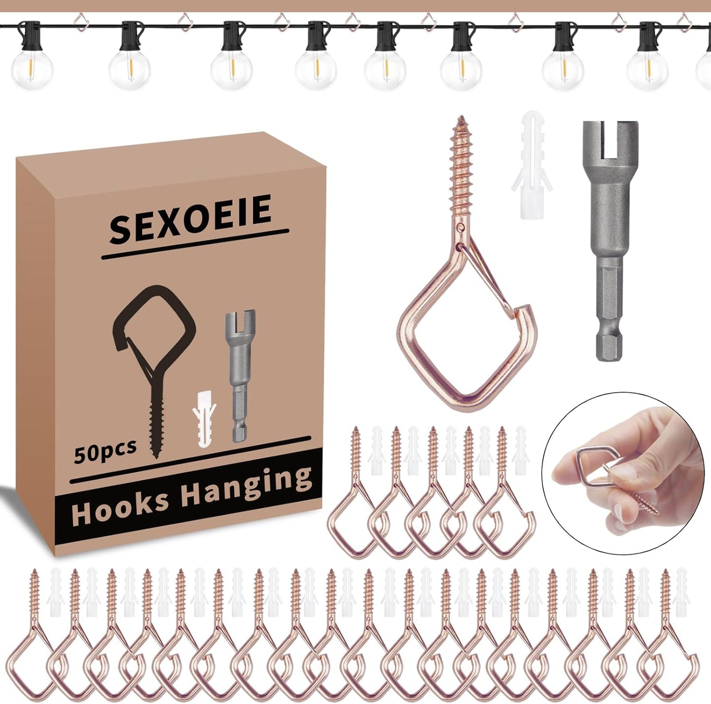 50 PCS Rose Gold Eye Screw Hooks for Hanging Heavy Duty with Safety Buckle.Metal Ceiling Hooks for Hanging Plants Cup Wind Chime Bird Feeders Patio Lights at Indoor&Outdoor