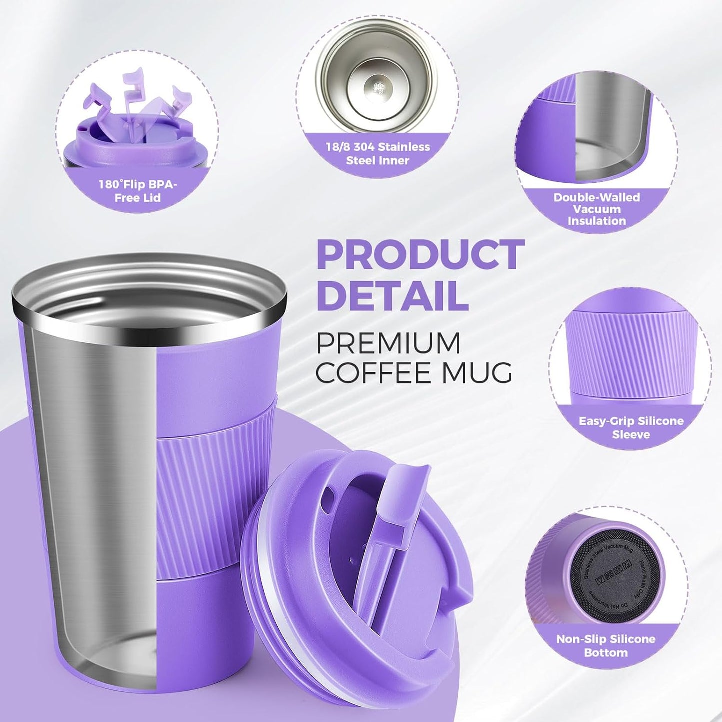 Volhoply 13 oz Stainless Steel Insulated Travel Coffee Mug with Fip Lid Bulk 2 Pack,Reusable Double Wall Vacuum Metal Coffee Cup,Portable Leak Proof Thermal Tumbler for Hot & Cold Drinks(Purple,2)