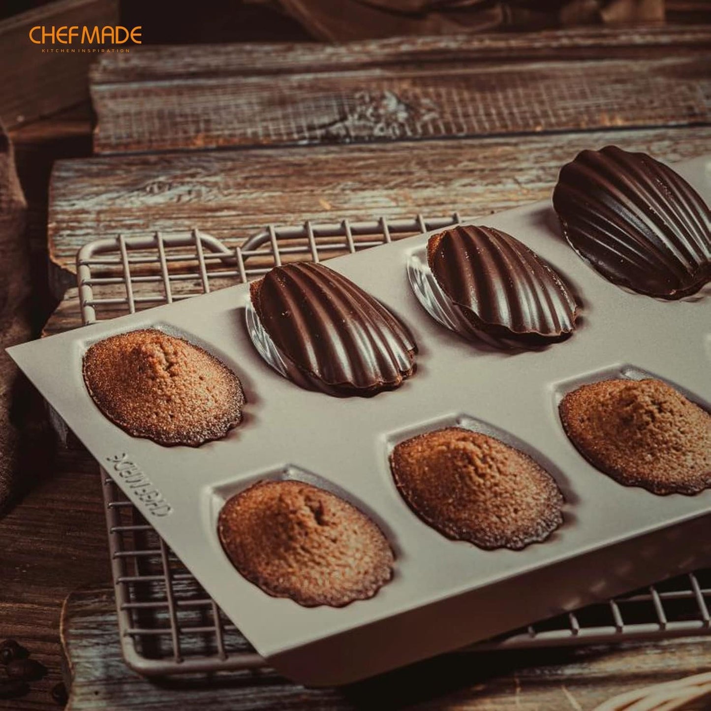 CHEFMADE Madeleine Mold Cake Pan, 12-Cavity Non-Stick Oval Shell Madeline Bakeware for Oven Baking (Champagne Gold)