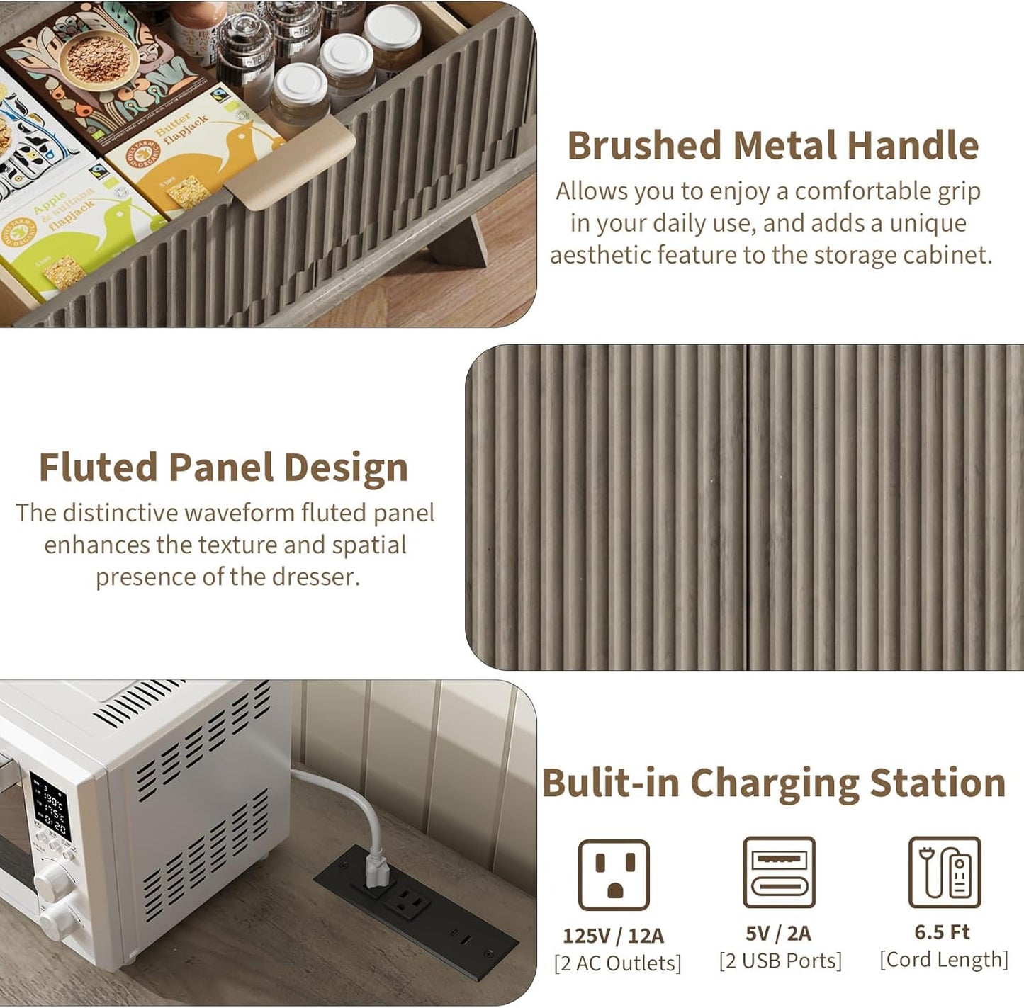 QUW Fluted Sideboard Buffet Cabinet with Charging Station, 47.2" Kitchen Storage Cabinet with Drawers and Adjustable Shelves, Modern Coffee Bar Kitchen Table for Dining Room, Living Room, Grey