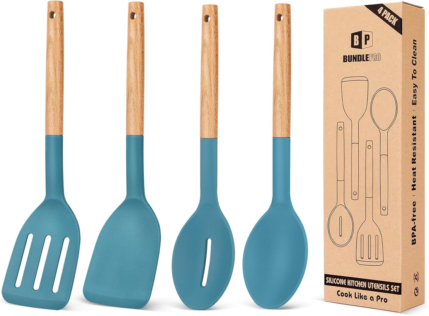 Pack of 4 Silicone Cooking Utensils Set, Non Stick Solid Spatulas and Heat Resistant Slotted Spoons with Wooden Handle, Ideal Wood Kitchen Utensils Set for Frying,Serving,Turning,Stirring (BLUE)
