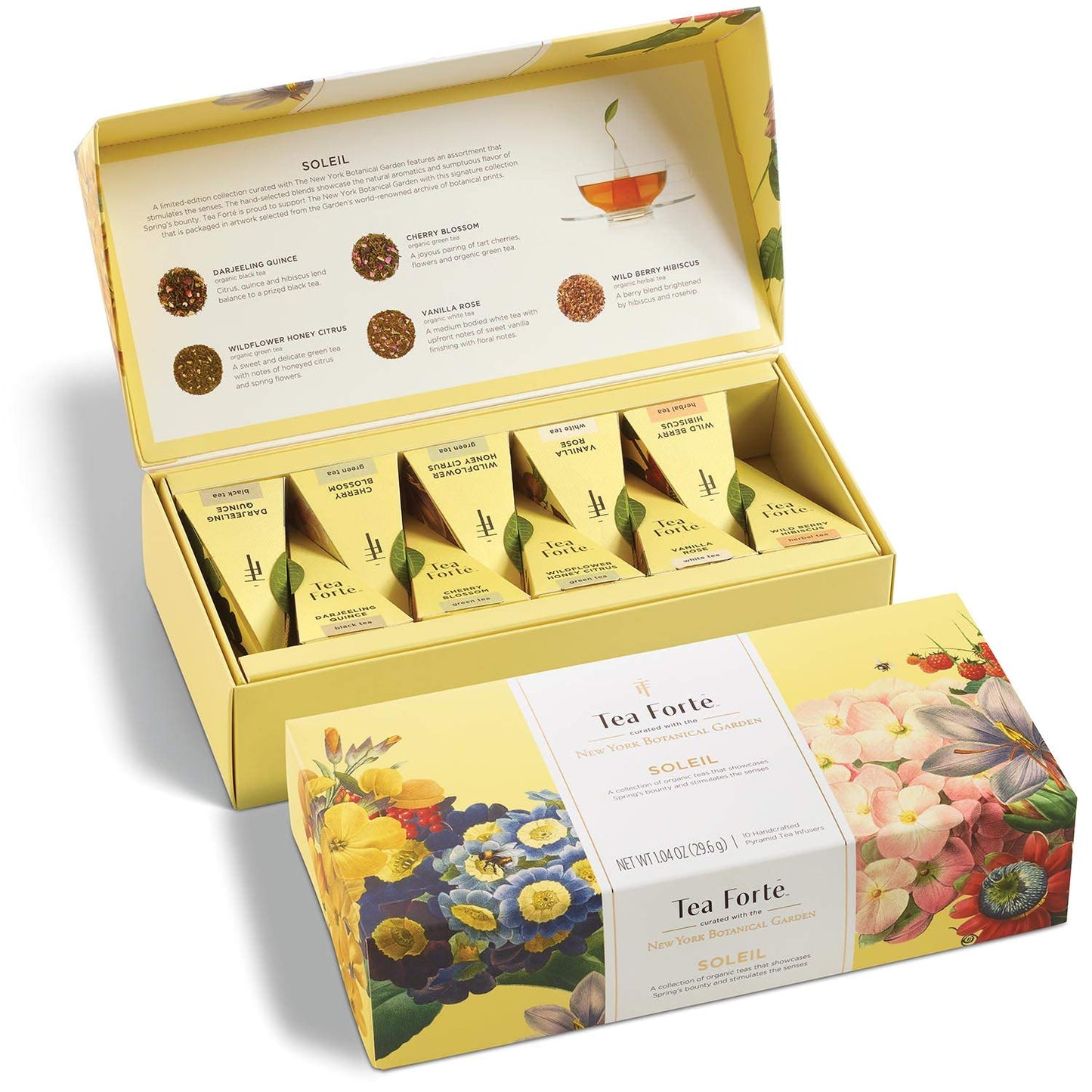 Tea Forte Soleil Petite Presentation Box Tea Gift Set Sampler, 10 Count, 2 of Each Variety Individually Wrapped Handcrafted Pyramid Infuser Bags