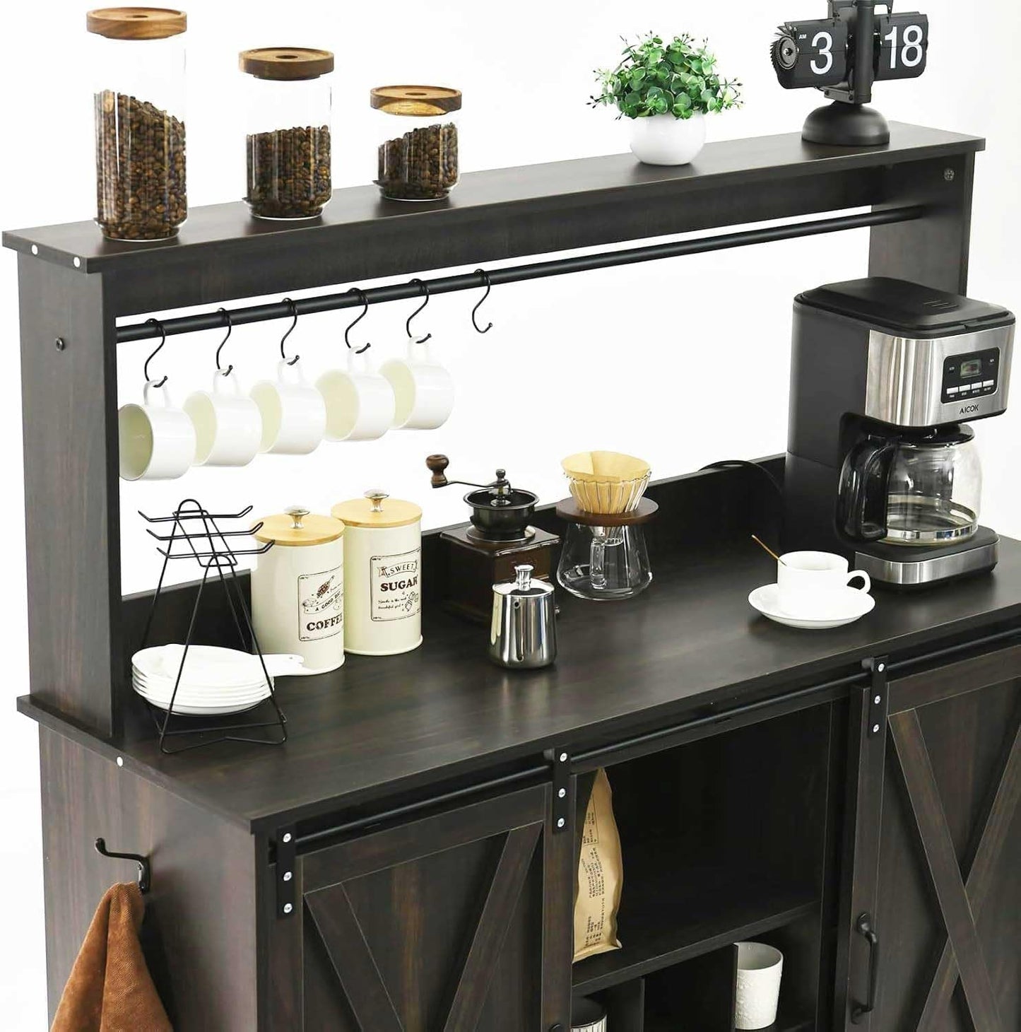 4ever2buy Farmhouse Coffee Bar Cabinet with 6 Hooks, 47 Inch Coffee Bar Hutch with 9 Wine Racks, Buffet Cabinet with Sliding Barn Door, Dark Oak