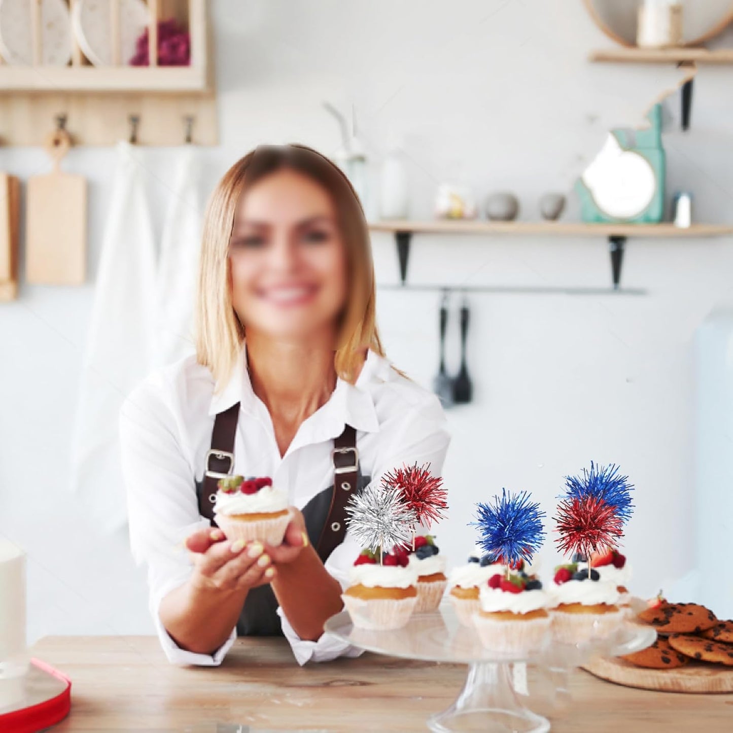 30 PCS Foil Firework Cupcake Toppers Sparkle Tinsel Cupcakae Picks 4th of July Decorations Cocktail Fruit Toothpick for Fireworks Theme Birthday Wedding Graduation Party Decor Supplies Blue Red Silver