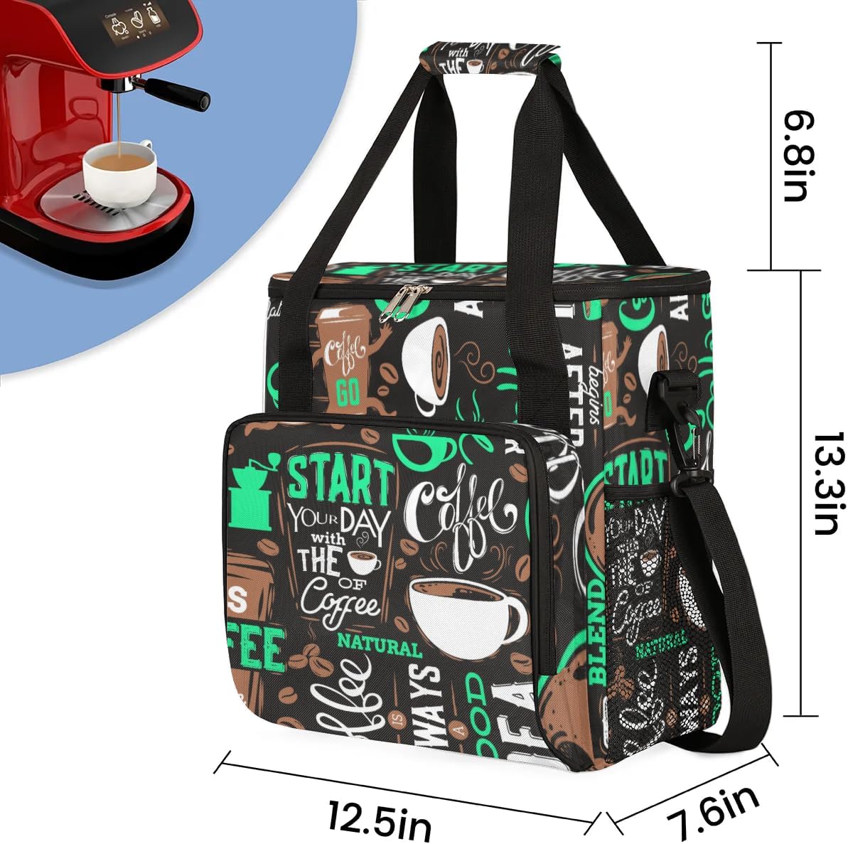 coffee cup coffee beans cyan Coffee Maker Carring Bag Travel Carrying Storage Tote Bag Compatible Portable Single Serve Coffee Brewer Case with Pockets for K-cup Pods