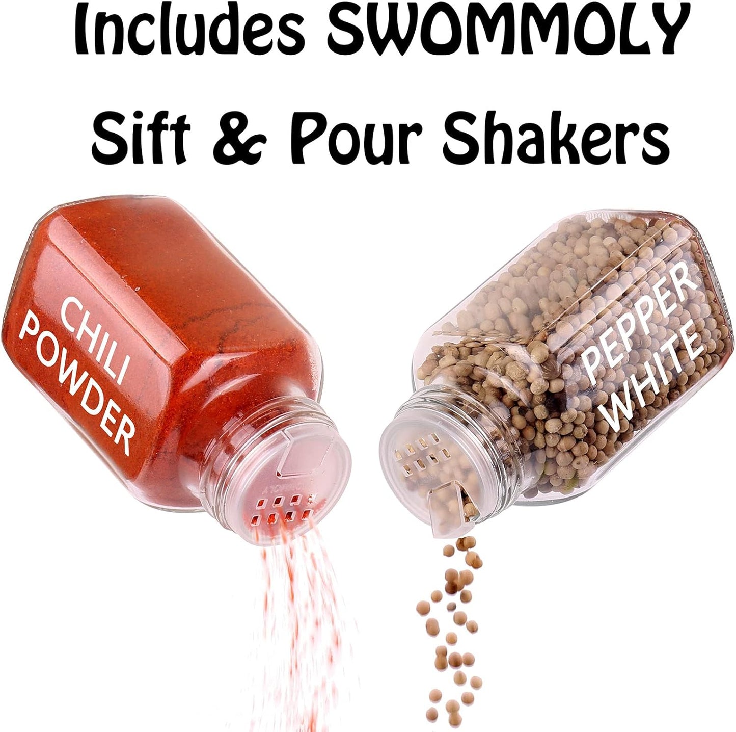 SWOMMOLY 25 Glass Spice Jars 6 oz Empty Square Spice Bottles with 703 Spice Labels, Chalk Marker and Funnel Complete Set. Spice Containers with Airtight Cap, Pour/sift Shaker Lid