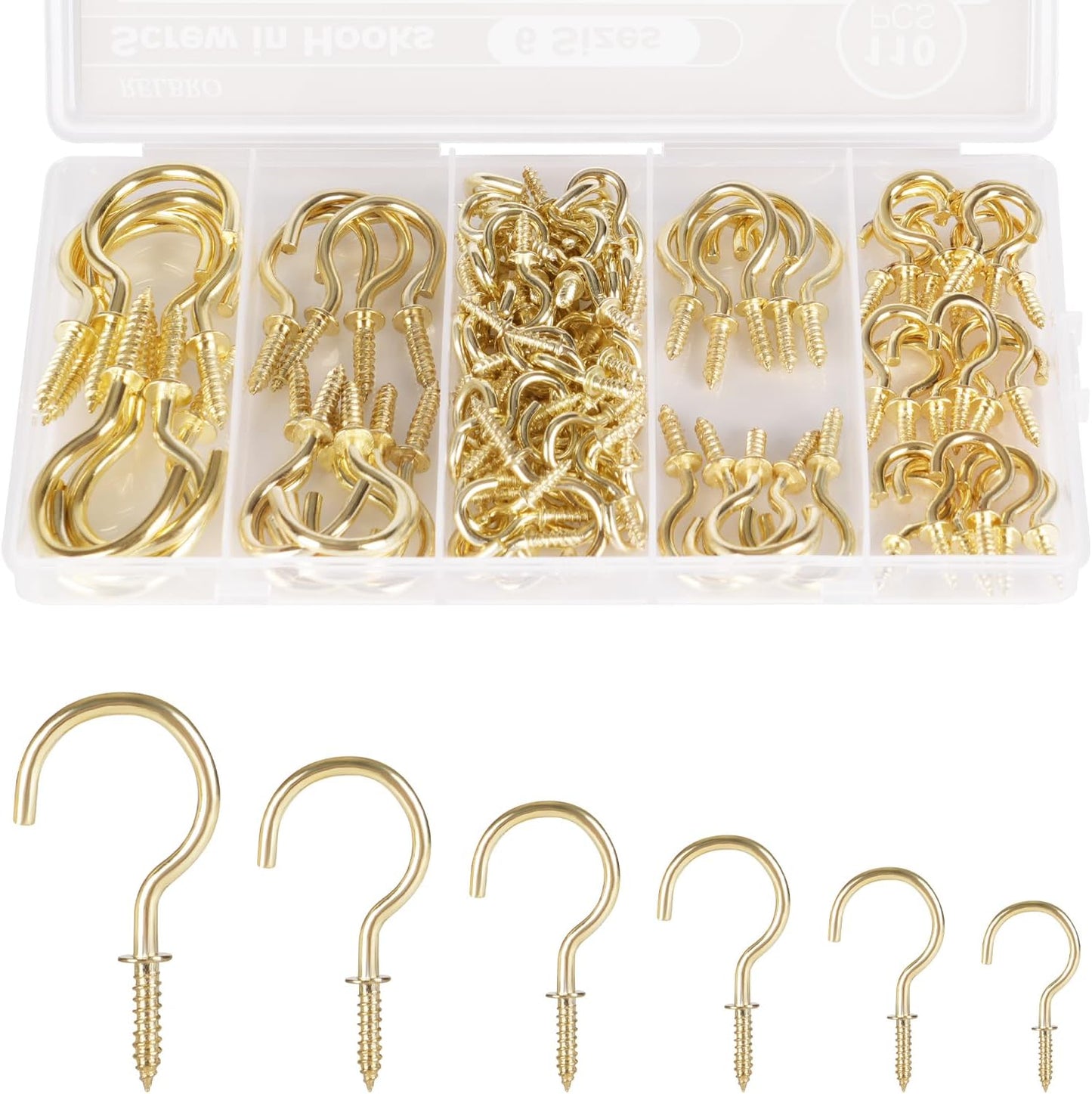 RELBRO Screw Hooks, 6 Sizes Metal Screw in Cup Hooks, 1/2 Inch, 5/8 Inch, 3/4 Inch, 7/8 Inch, 1 Inch, 1-1/4 Inch, Gold, 110 Pcs
