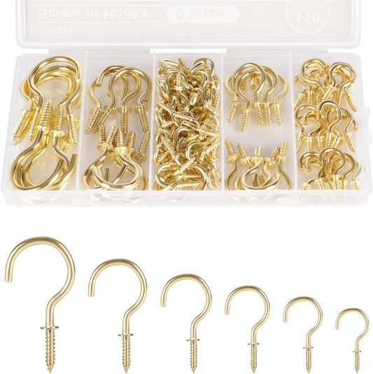 RELBRO Screw Hooks, 6 Sizes Metal Screw in Cup Hooks, 1/2 Inch, 5/8 Inch, 3/4 Inch, 7/8 Inch, 1 Inch, 1-1/4 Inch, Gold, 110 Pcs