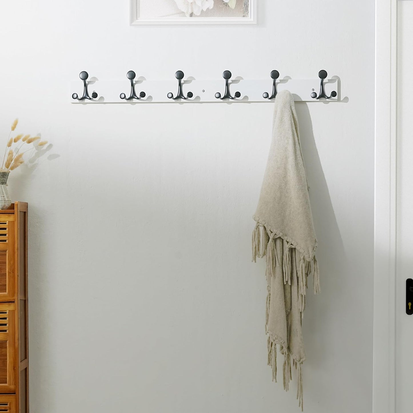 SKOLOO 39-Inch White Wood Coat Rack Wall Mount with 6 Triple Hooks - Ideal for Family Entrances, Classrooms, and Pet Supplies Storage - Perfect Coat Hooks for Wall, Pack of 2