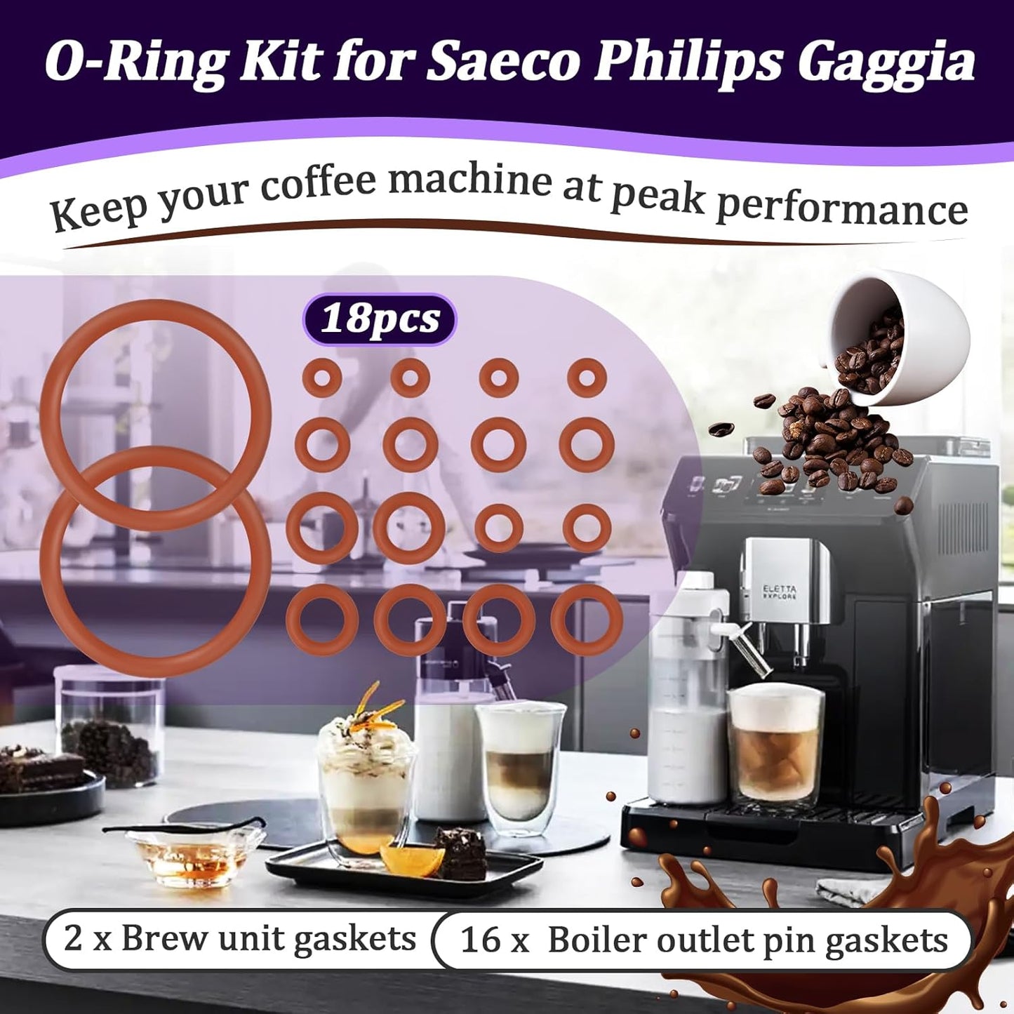18 PCS Seal O-Ring Kit Gasket Seal Set Fit for Saeco Philips Gaggia, Professional Coffee Machine O'Rings for Boiler Outlet Pin and Brew Unit, Food Grade Silicone Ring for Saeco Daily Replacement