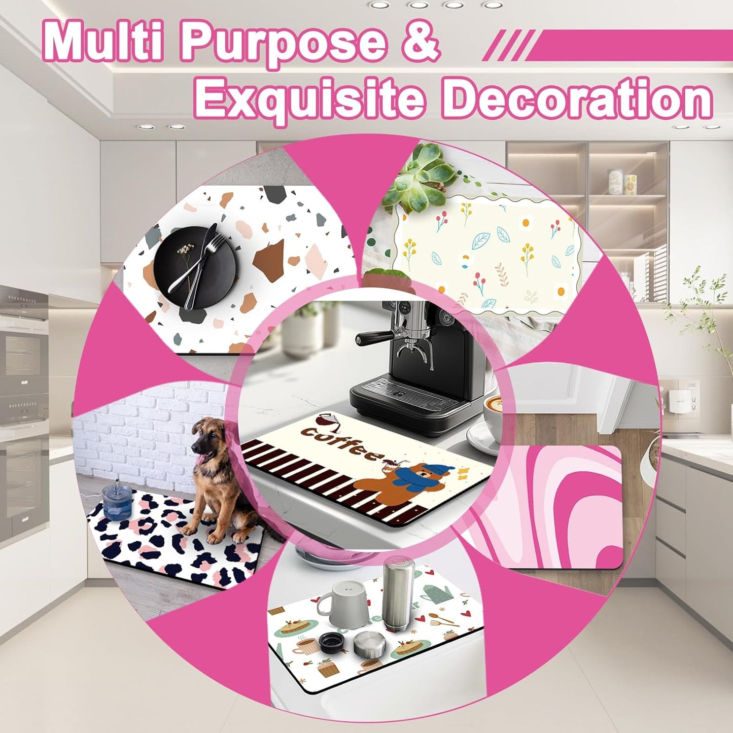 Coffee Bar Mat for Countertop, 17" X 28” Super Absorbent Dish Drying Mat, Large Kitchen Counter Mats Fits Under Coffee Maker, Non-slip Espresso Machine Pad, Pink Abstract