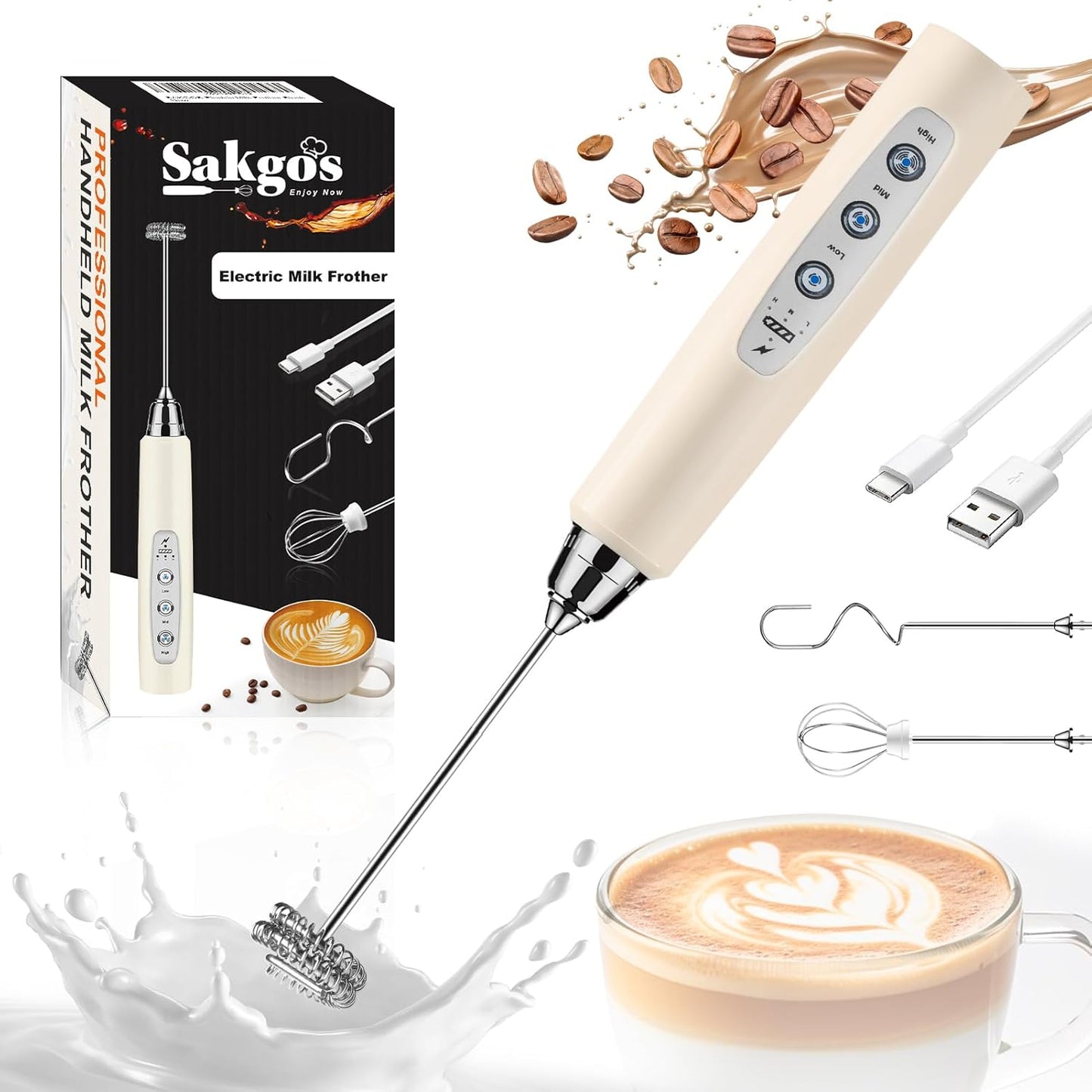 Milk Frother Rechargeable Handheld for Coffee-Drink Mixer 3 Speed Adjustable, Frother Wand with 3 Stainless Whisks, Electric Foam Maker, Electric Whisk for Latte Cappuccino Matcha Egg
