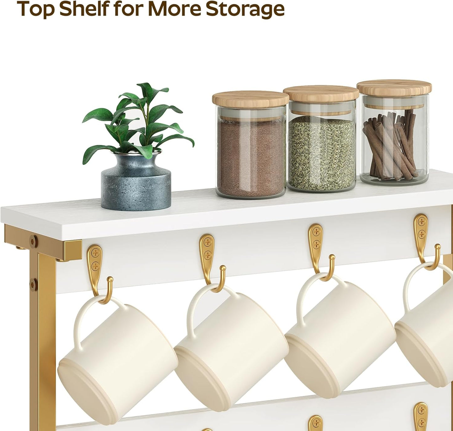 Coffee Mug Holder for Counter, 2 Tier Mug Tree Rack, with 8 Hook and 2 Open Shelves, Vintage Mug Holder Stand for Home Kitchen, White and Gold MH43DW