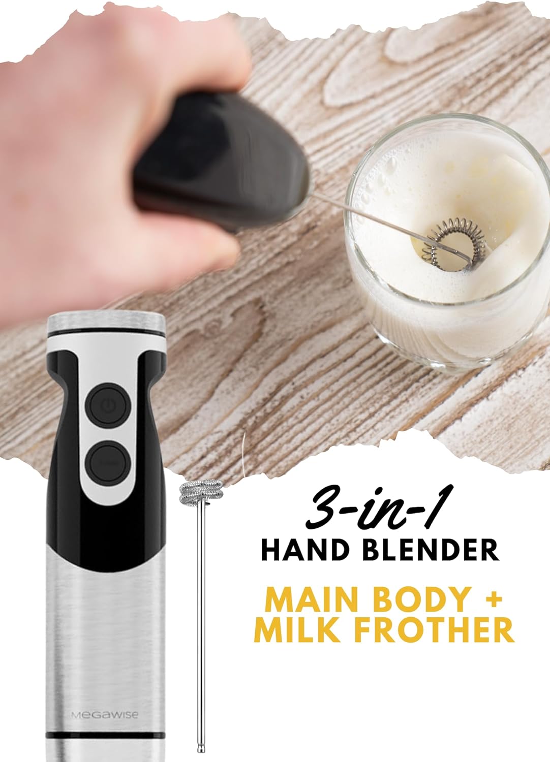 MegaWise Stainless Steel Titanium Reinforced 3-in-1 Immersion Hand Blender, Powerful with 80% Sharper Blades, 12-Speed Corded Blender, Including Whisk and Milk Frother (3-in 1 Black)