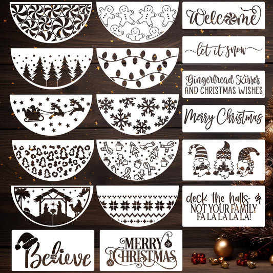 Christmas Stencils for Painting on Wood 12” Christmas Stencils for Crafts Reusable Holiday Doormat Stencil for Porch Hanger Fabrics Decor(Xmas Half RD Stencil 05/18P)