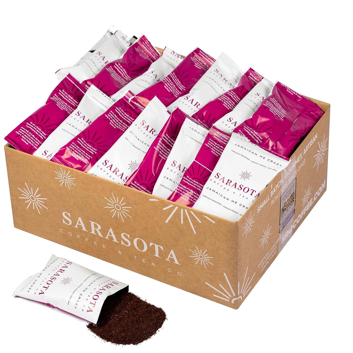 Sarasota Coffee Ground Packets | Gourmet Flavored Medium Roast Bulk Coffee Packs | Jamaican Me Crazy | Low Acid Mold Free Singles Individual Pouches for 12 Cups | 2.5 Ounce Bags, 36 Count