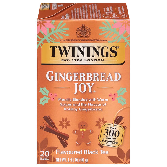 Twinings Gingerbread Joy Black Tea Individually Wrapped Bags, 20 Count (Pack of 1), Ginger & Cinnamon, Caffeinated, Enjoy Hot or Iced, 20 Teabags