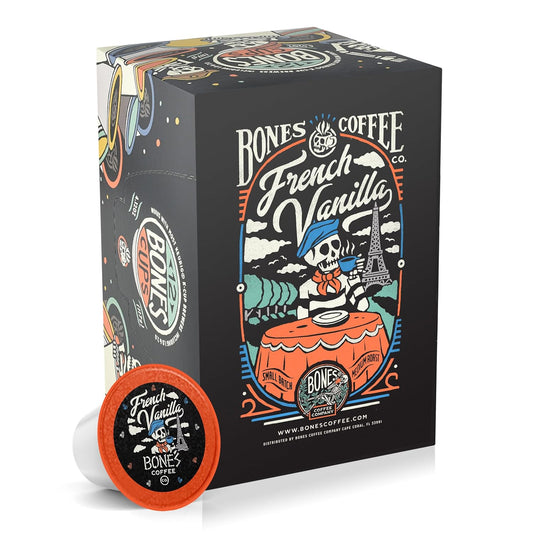 Bones Coffee Company Flavored Coffee Bones Cups French Vanilla Flavored Pods | 12ct Single-Serve Coffee Pods Compatible with Keurig 1.0 & 2.0 Keurig Coffee Maker