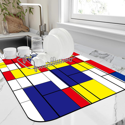 Dish Drying Mat Abstract Mosaic Geometric Color Coffee Mat,16"X24"Bsorbent Dish Drying Pad for Sink Dishes or Under Rack Kitchen Counter Accessories Absorbent Hide Backed Dish Drying Mat