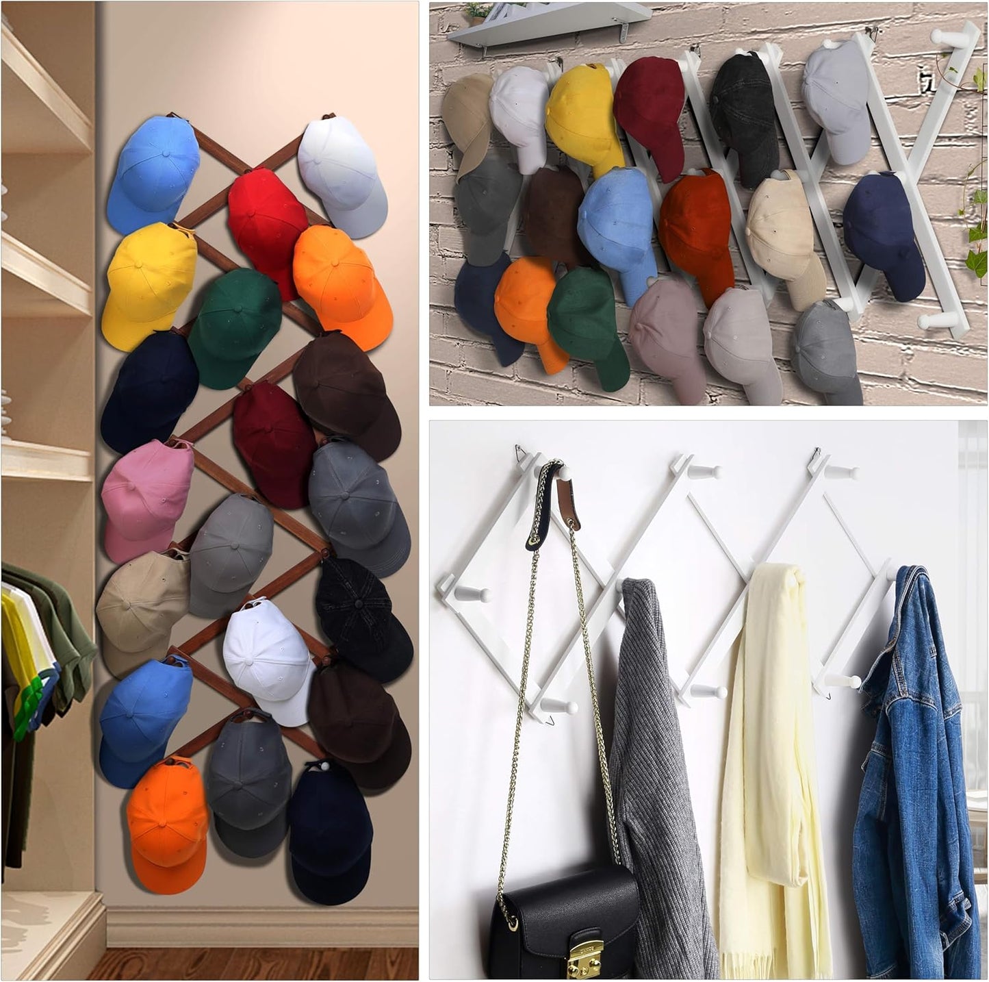 Dseap Accordian Wall Hanger: 16” High Wooden Wall Expandable Coat Rack, Hat Rack Holder, Accordion Hook for Baseball Caps, Coats, Mugs, 14 Peg Hooks, Black & White