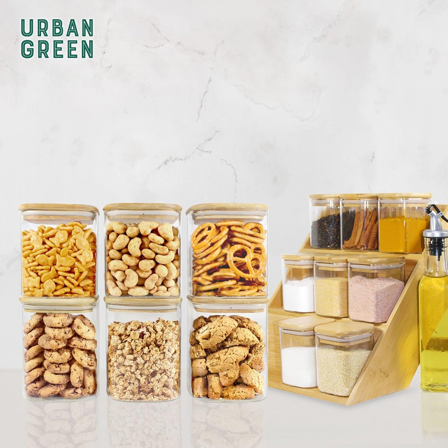 Urban Green Glass Jars with Bamboo Lids, Square Glass Jar with airtight lids, 6 pack of 28oz, Food Storage Containers with bamboo lids, Panty Jars
