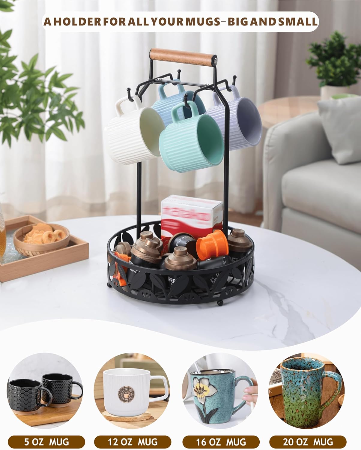 Mug Holder for Countertop, 2-in-1 Mug Tree for Large Mugs & Coffee Cup Stand with Storage Basket - Mug Rack & Organizer for Coffee Bar Accessories